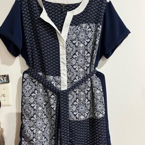 Daisy Fuentes Blue and White Mini Sundress Crew Neck Short Sleeve E-26